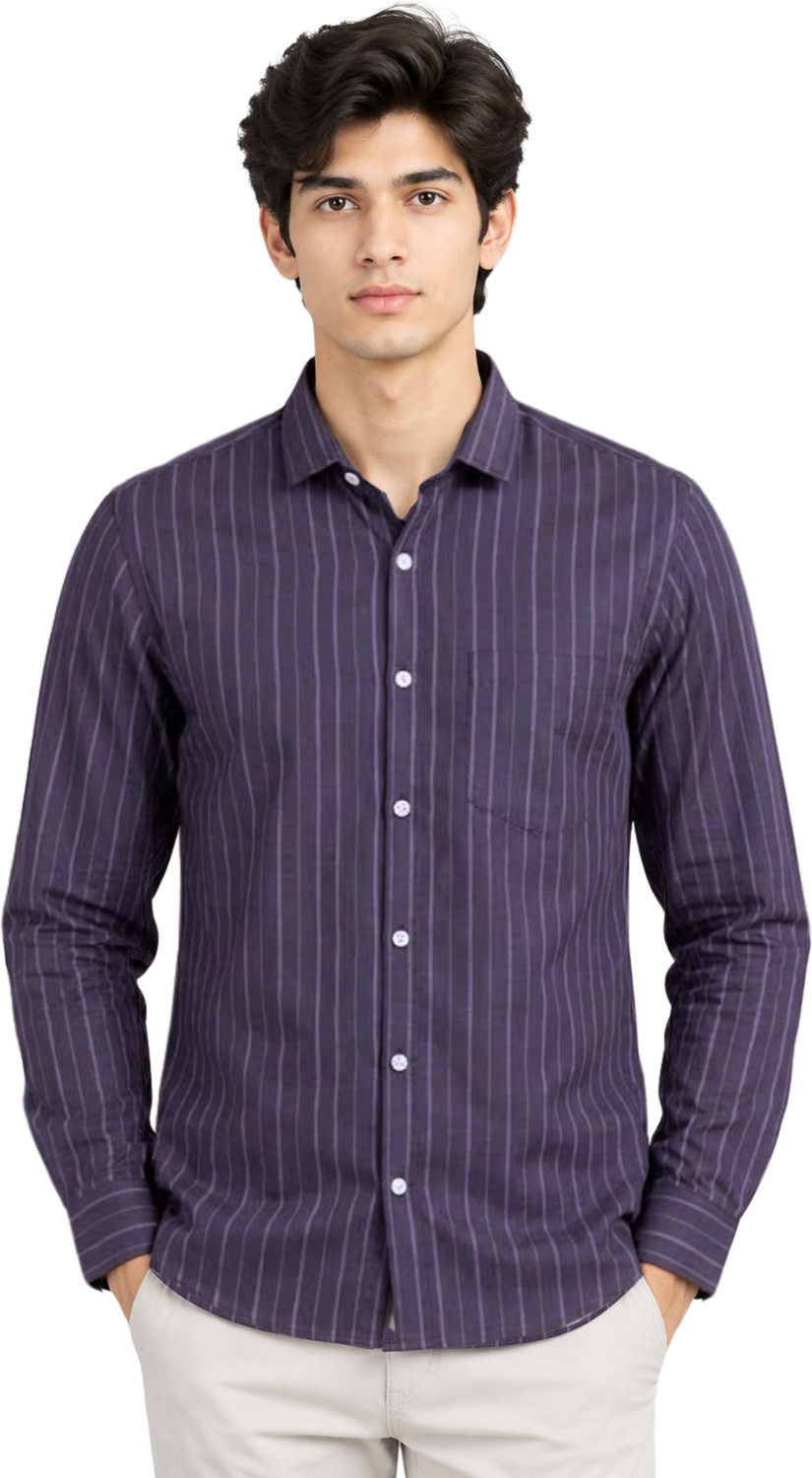 Image of LINENWEAR Men Striped Casual Purple Shirt