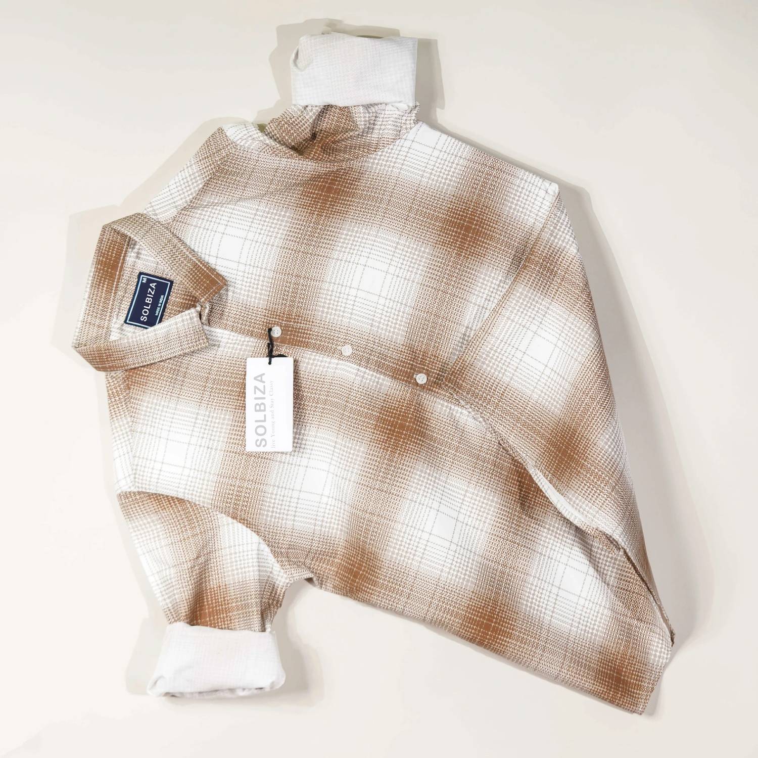 Solbiza Men Checkered Casual Brown, White Shirt - Image 1