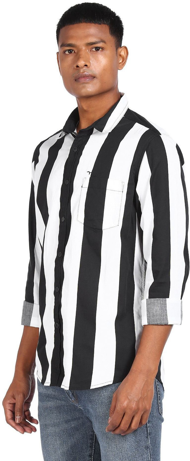 Image of FLYING MACHINE Men Striped Casual Black Shirt