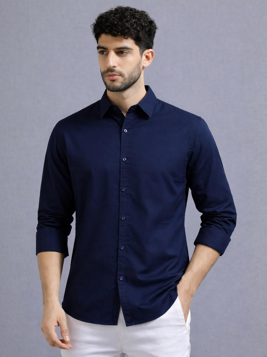 Image of The Big Attire Men Solid Casual Dark Blue Shirt