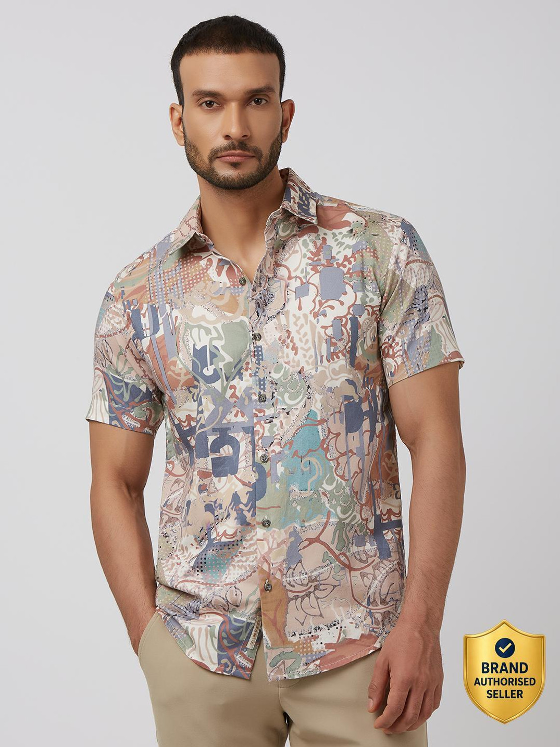 Image of MUFTI Men Printed Casual Pink Shirt