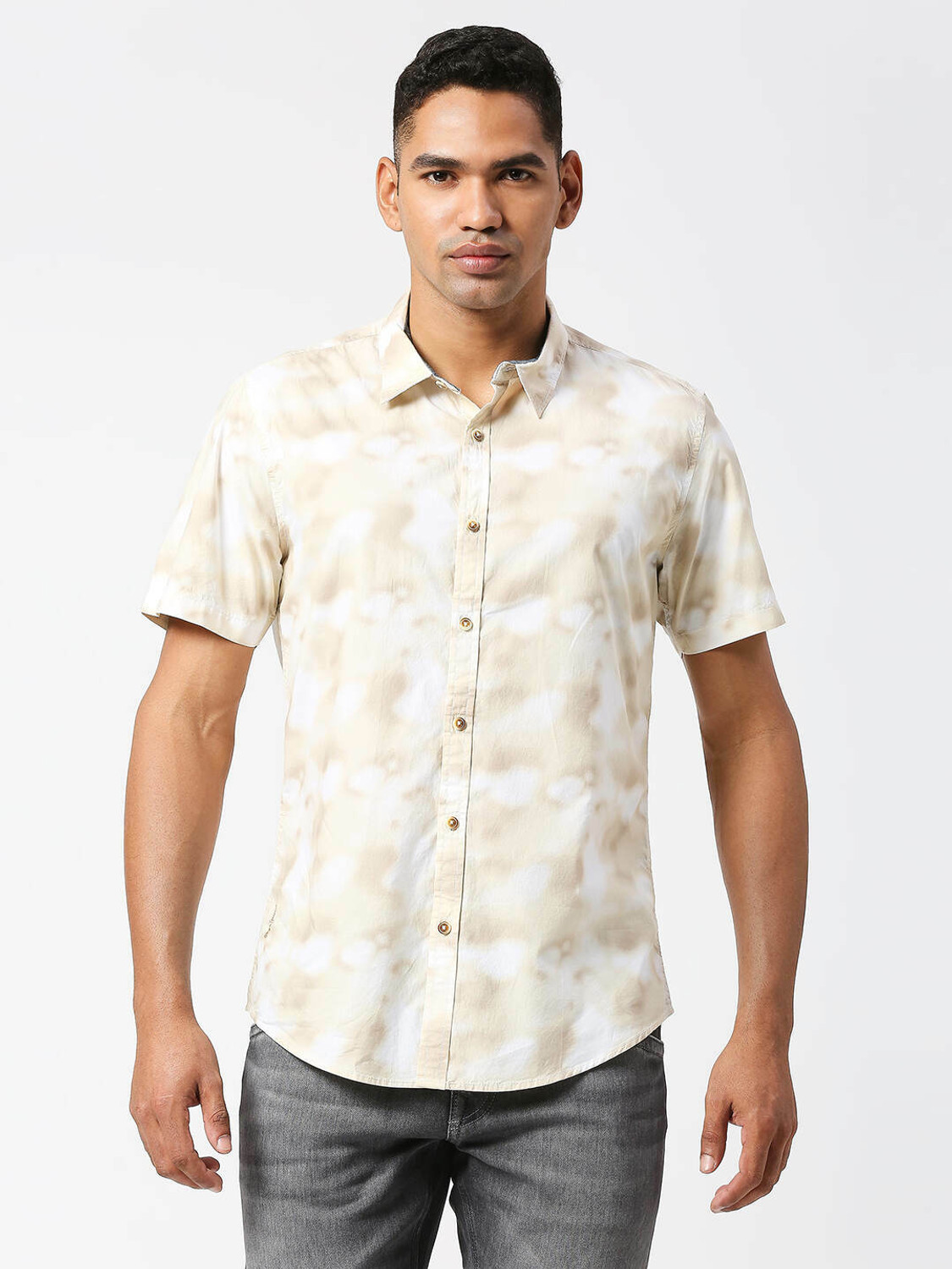 Image of Pepe Jeans Men Printed Casual Beige Shirt