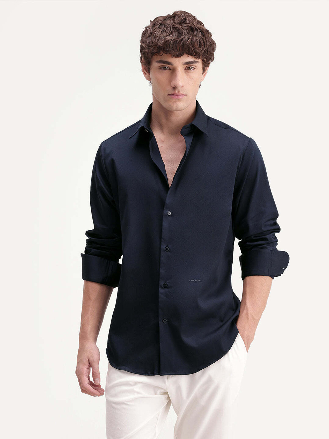 Image of RARE RABBIT Men Solid Casual Dark Blue Shirt