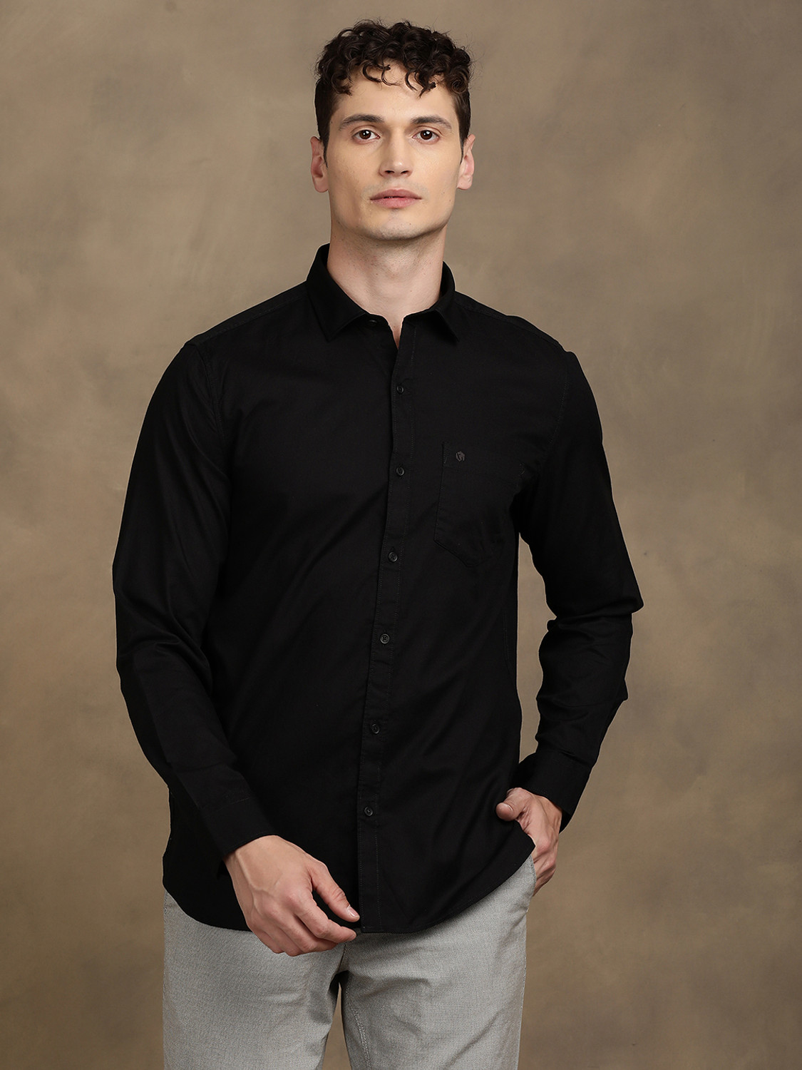 Image of TURTLE Men Solid Casual Black Shirt