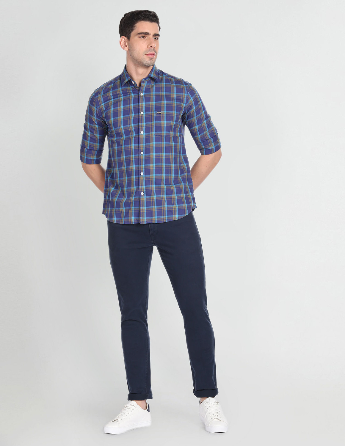 Image of Arrow Sport Men Checkered Casual Dark Blue, Light Blue, Beige Shirt