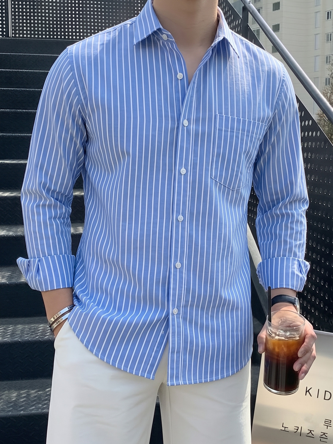 Image of indossare Men Striped Casual Blue Shirt
