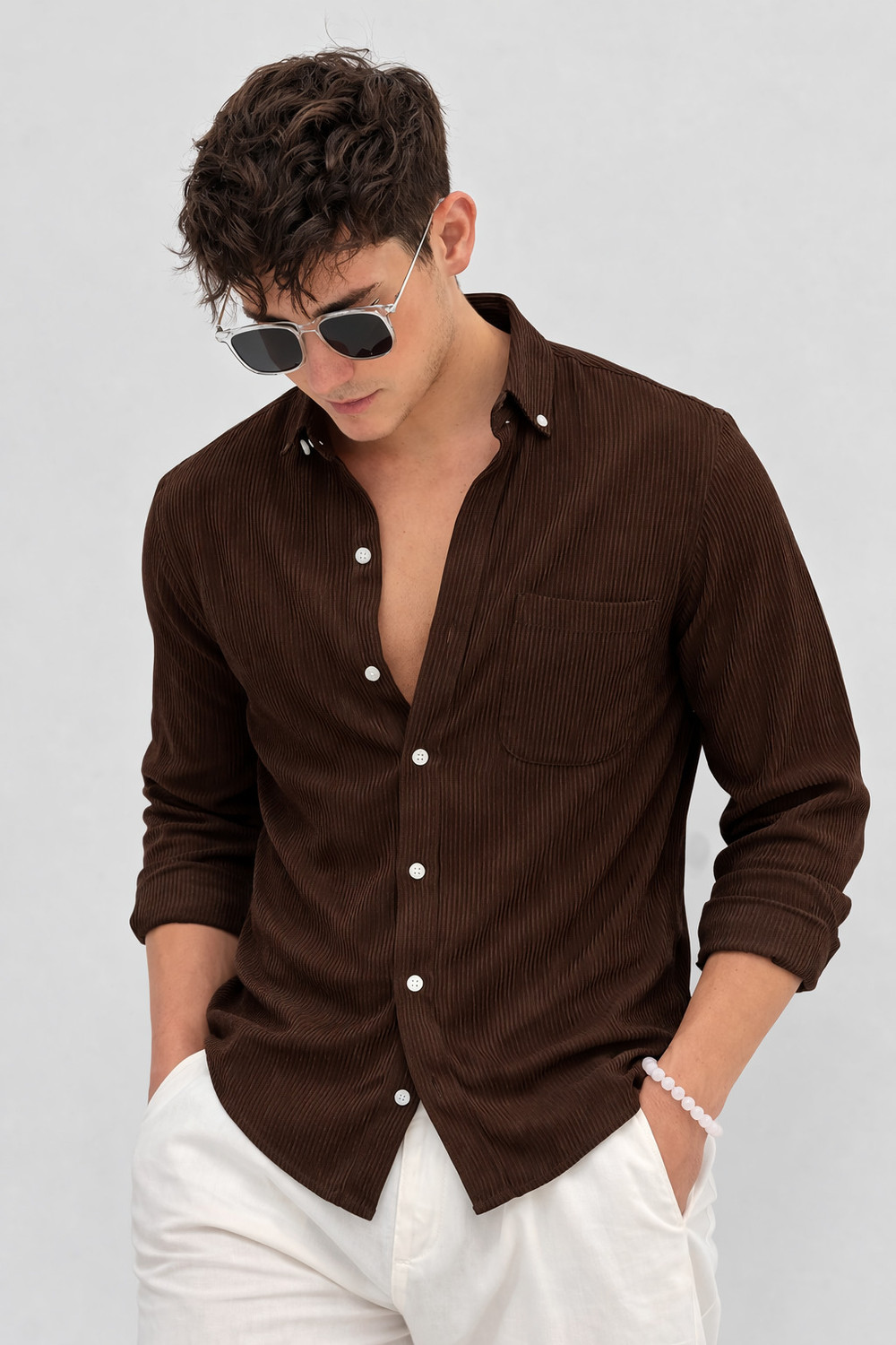 Image of COMBRAIDED Men Self Design Casual Brown Shirt