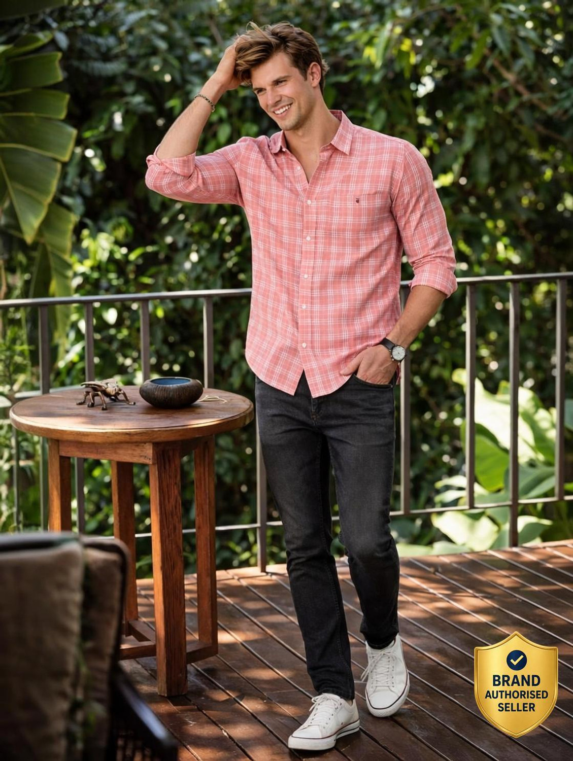 Image of LOUIS PHILIPPE Men Checkered Casual Pink Shirt
