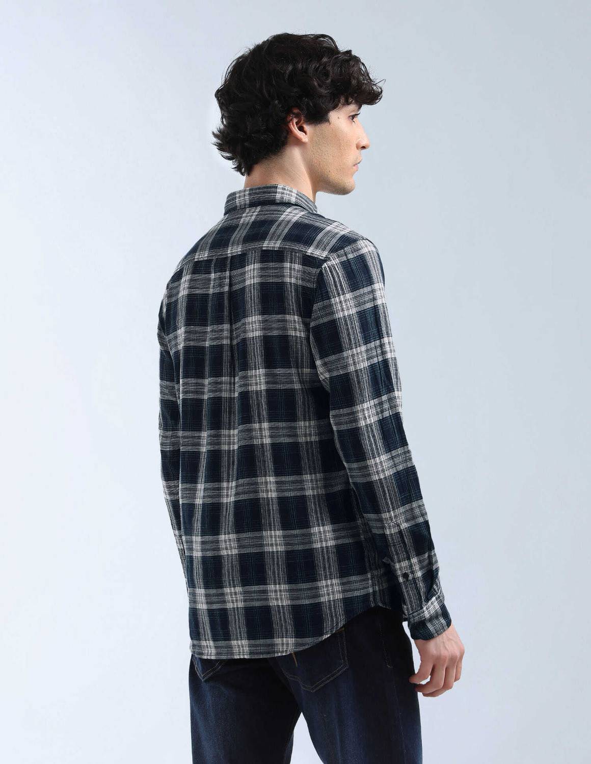 FLYING MACHINE Men Checkered Casual Blue Shirt - Image 5