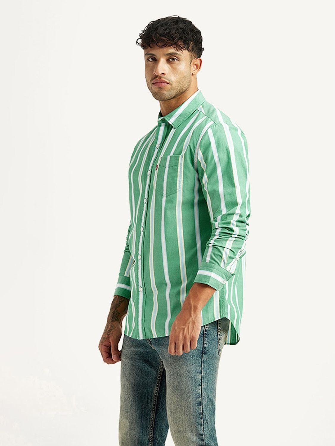 Image of LEVI'S Men Striped Casual Green Shirt