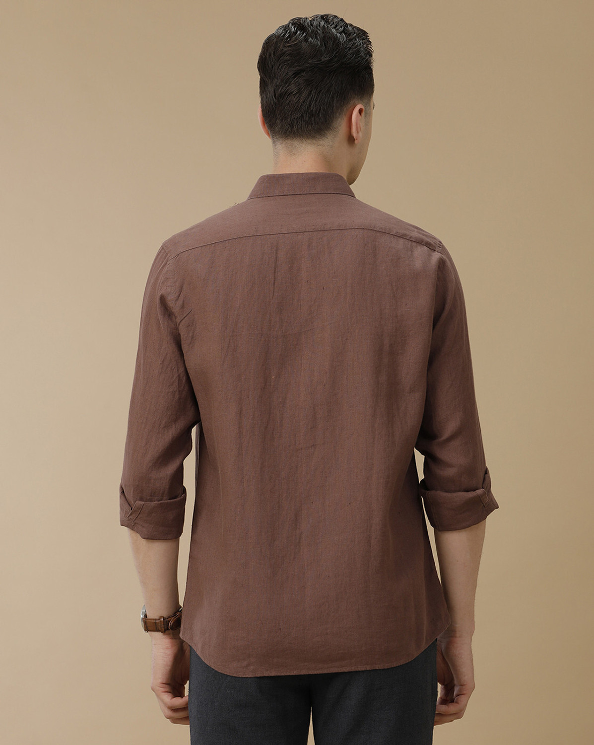 Image of Linen Club Men Solid Casual Brown Shirt