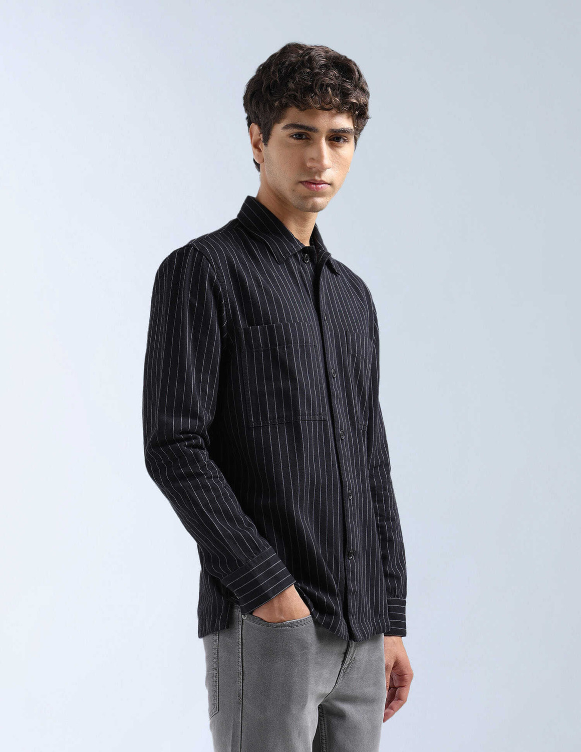 Image of FLYING MACHINE Men Striped Casual Black Shirt