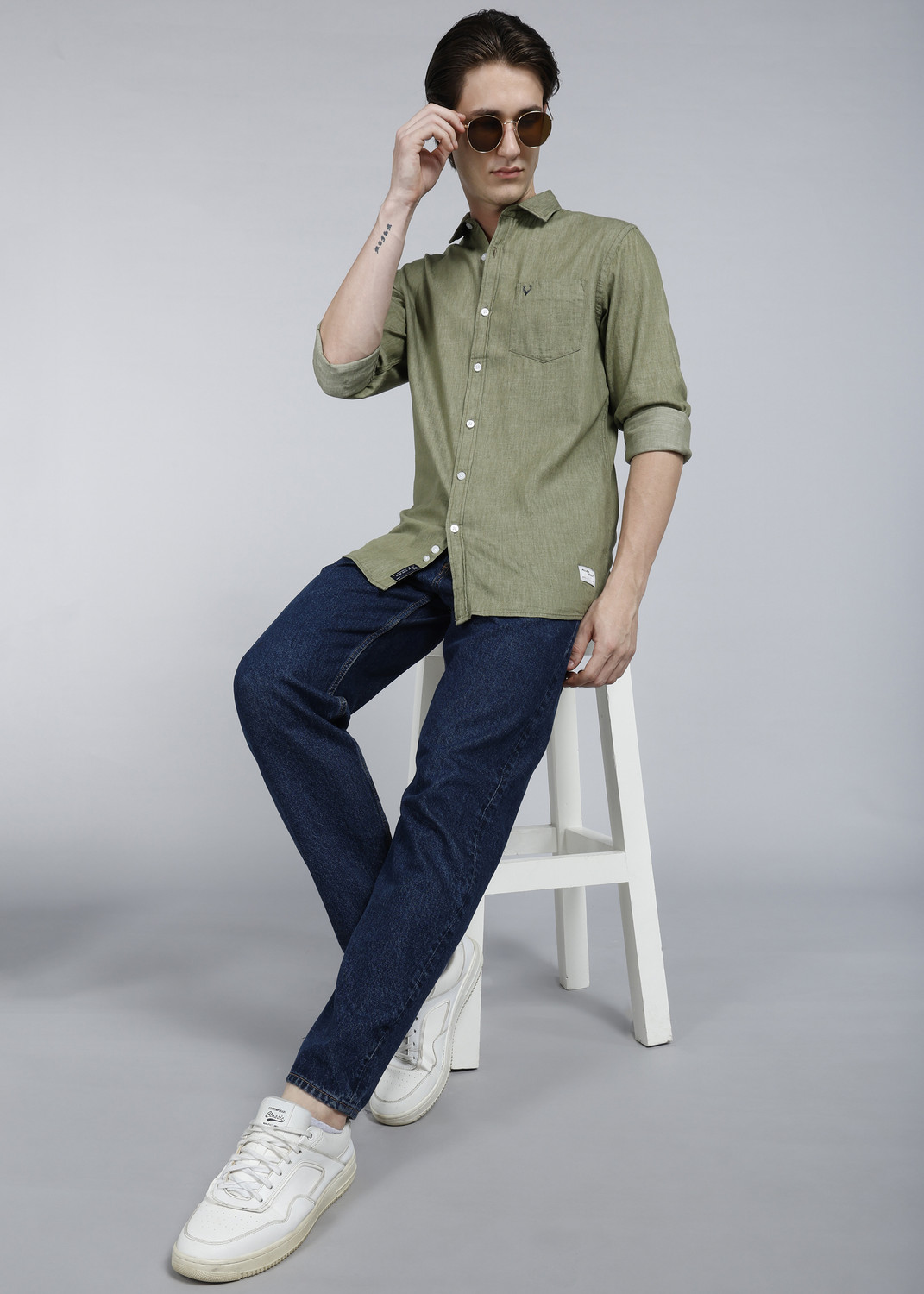 Image of Allen Solly Men Self Design Formal Green Shirt