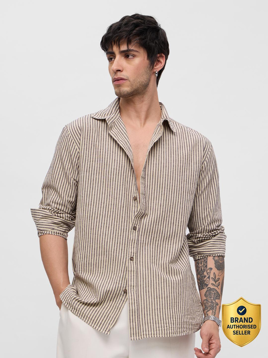 Image of The Souled Store Men Striped Casual Beige Shirt