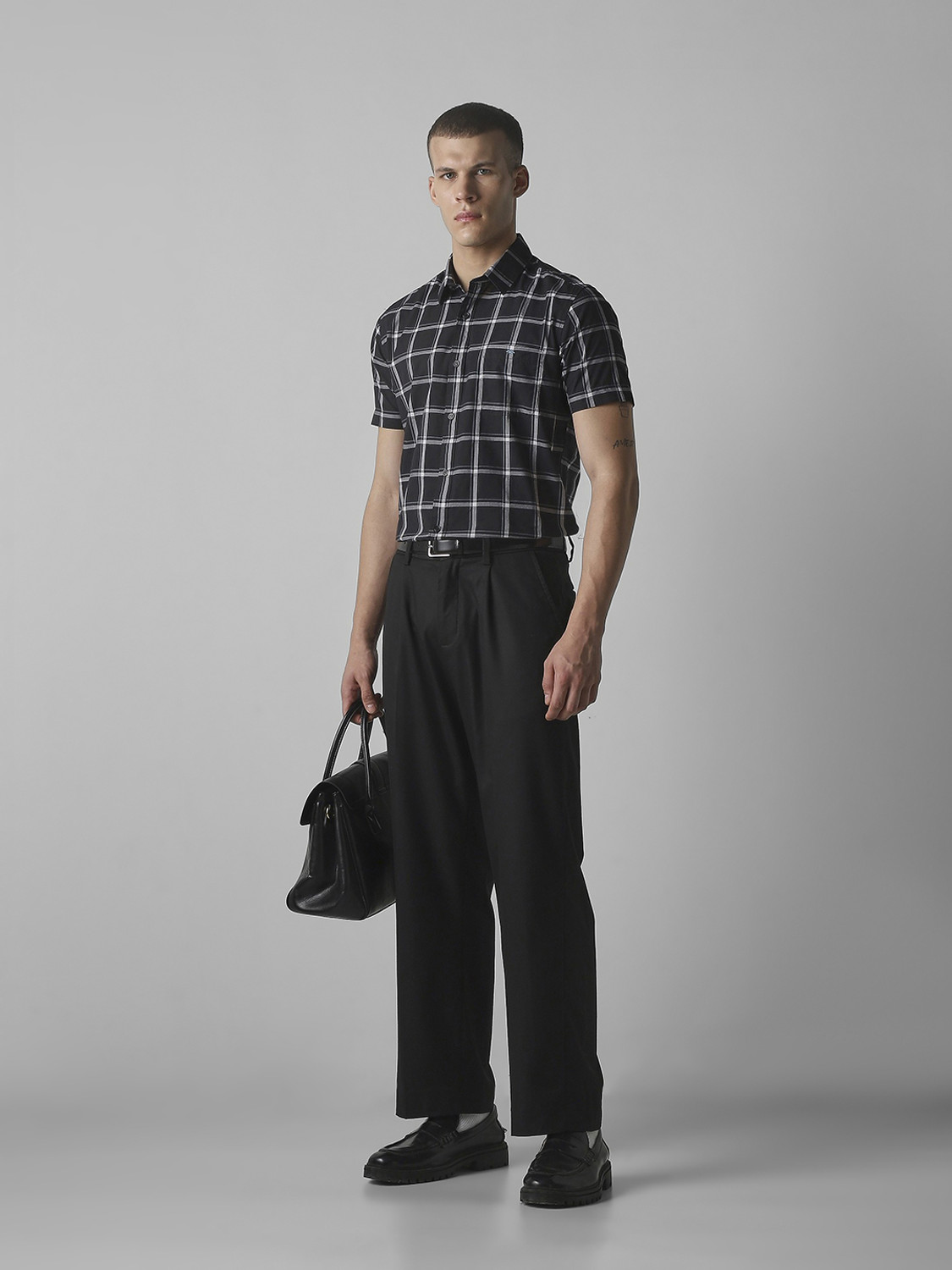 Image of MUFTI Men Checkered Casual Black, White, Light Blue Shirt