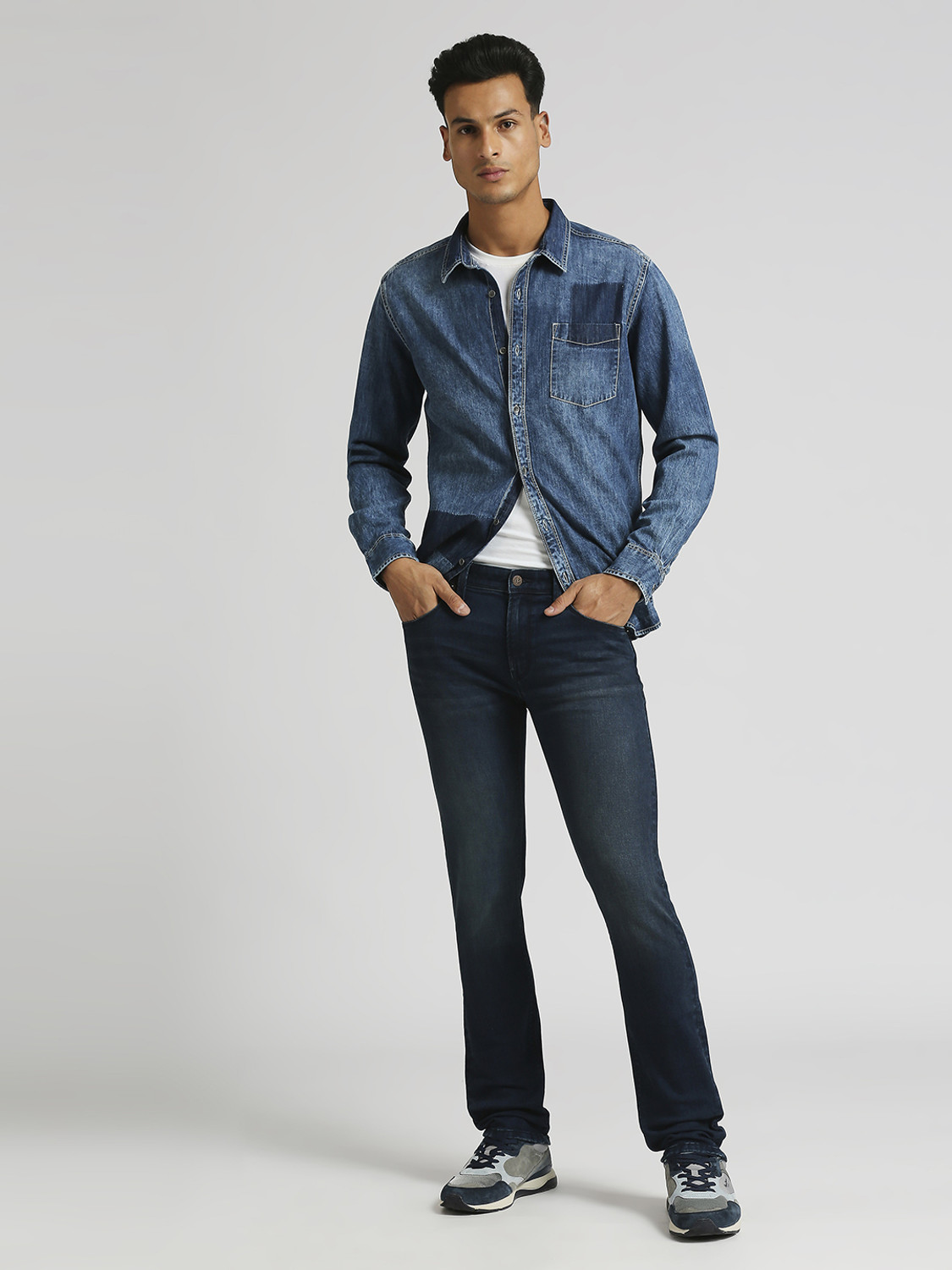Image of Pepe Jeans Men Washed Casual Blue Shirt