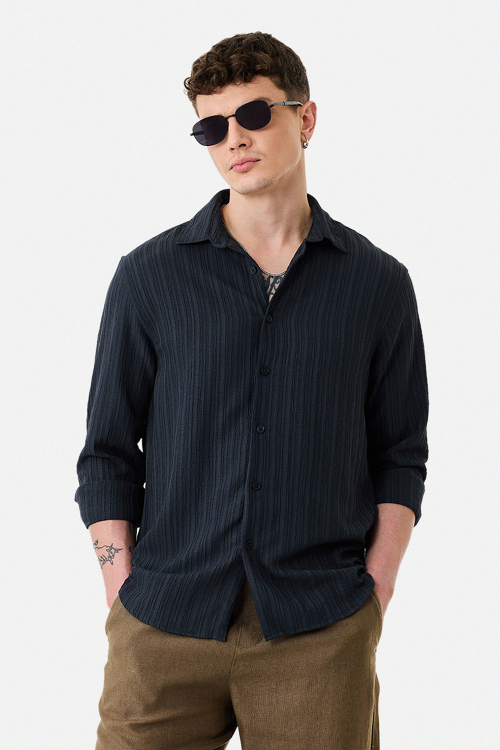 Image of Snitch Men Self Design Casual Dark Blue Shirt