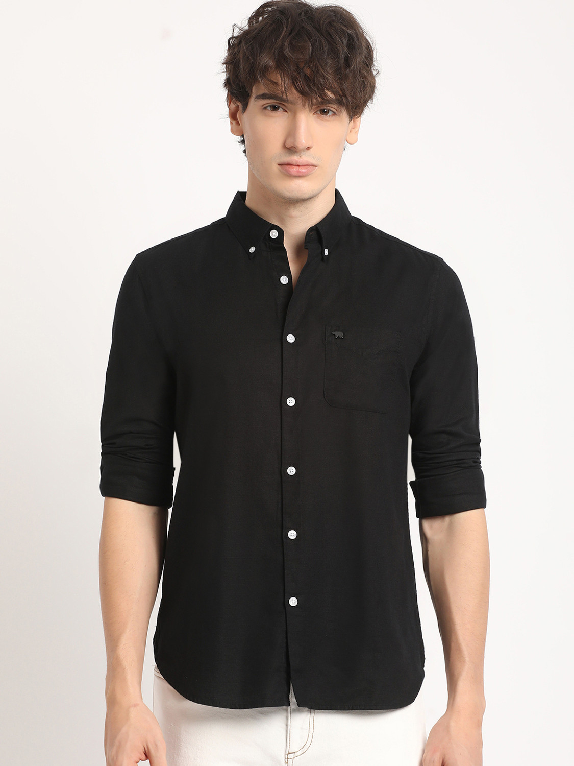 Image of THE BEAR HOUSE Men Solid Casual Black Shirt