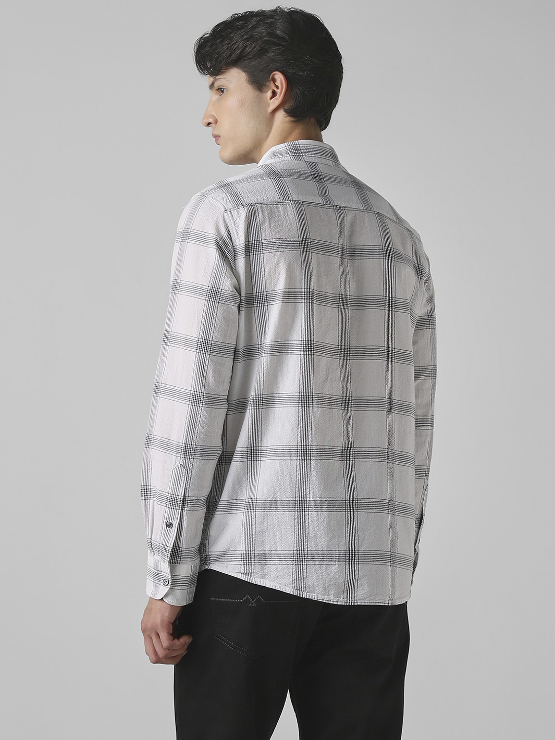 Image of MUFTI Men Checkered Casual Grey Shirt