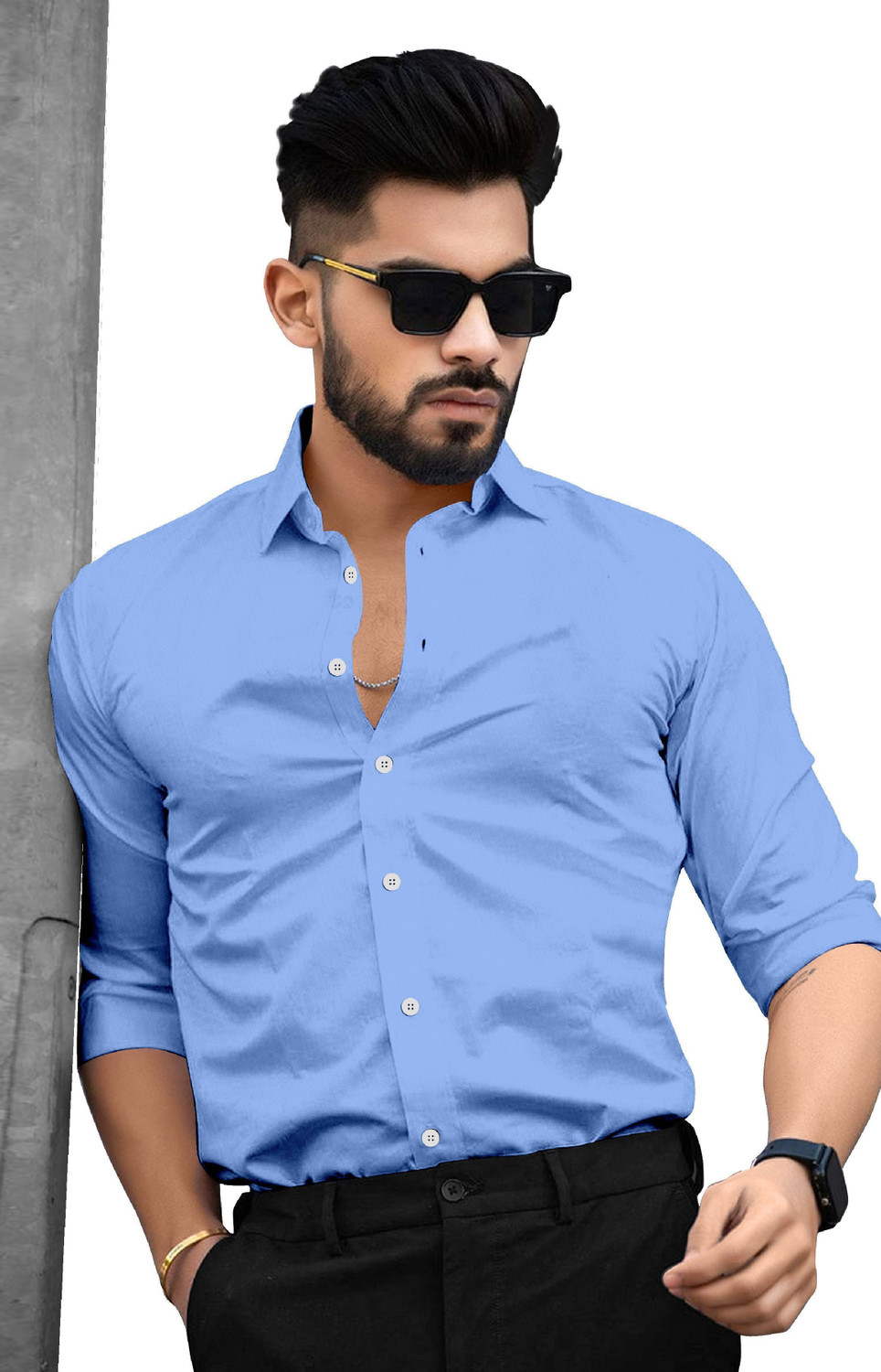 Image of SAADIWALA Men Solid Casual Black, Light Blue Shirt