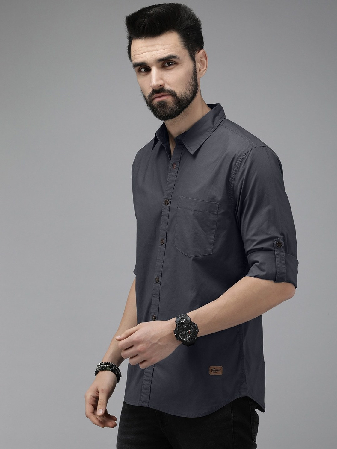 Image of Roadster Men Solid Casual Grey Shirt
