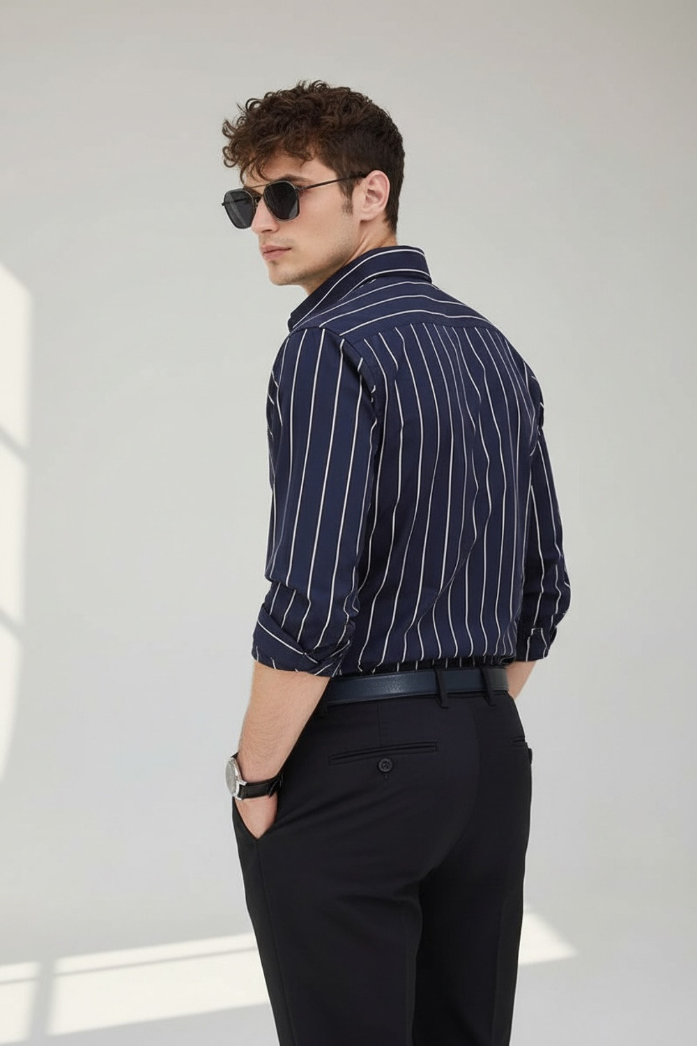 Image of RODEIZ Men Striped Casual Blue Shirt