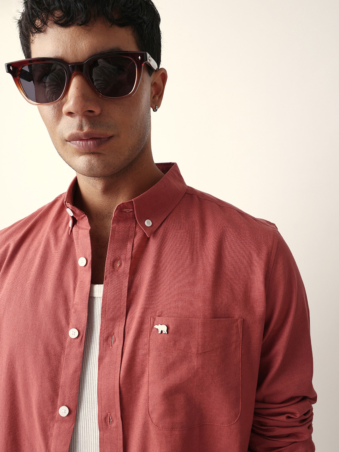 Image of THE BEAR HOUSE Men Solid Casual Red Shirt