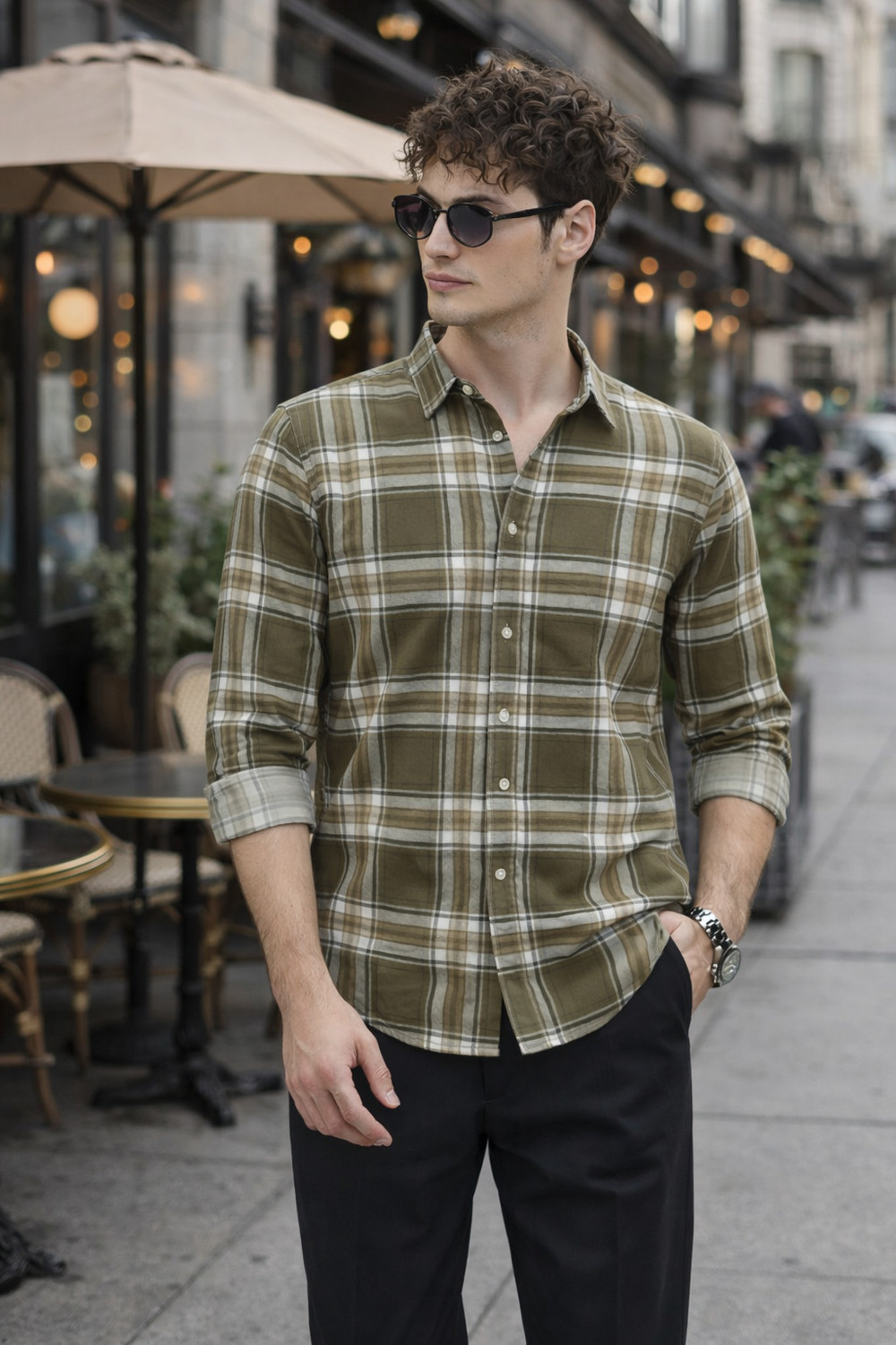 Image of U TURN Men Checkered Casual Khaki Shirt