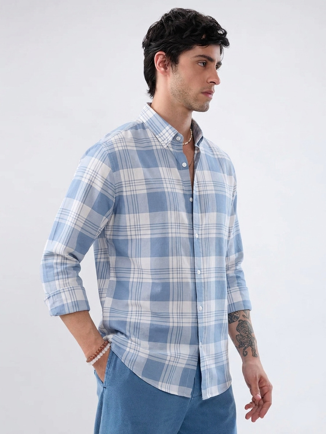 Image of S-LINE Men Checkered Casual Light Blue Shirt