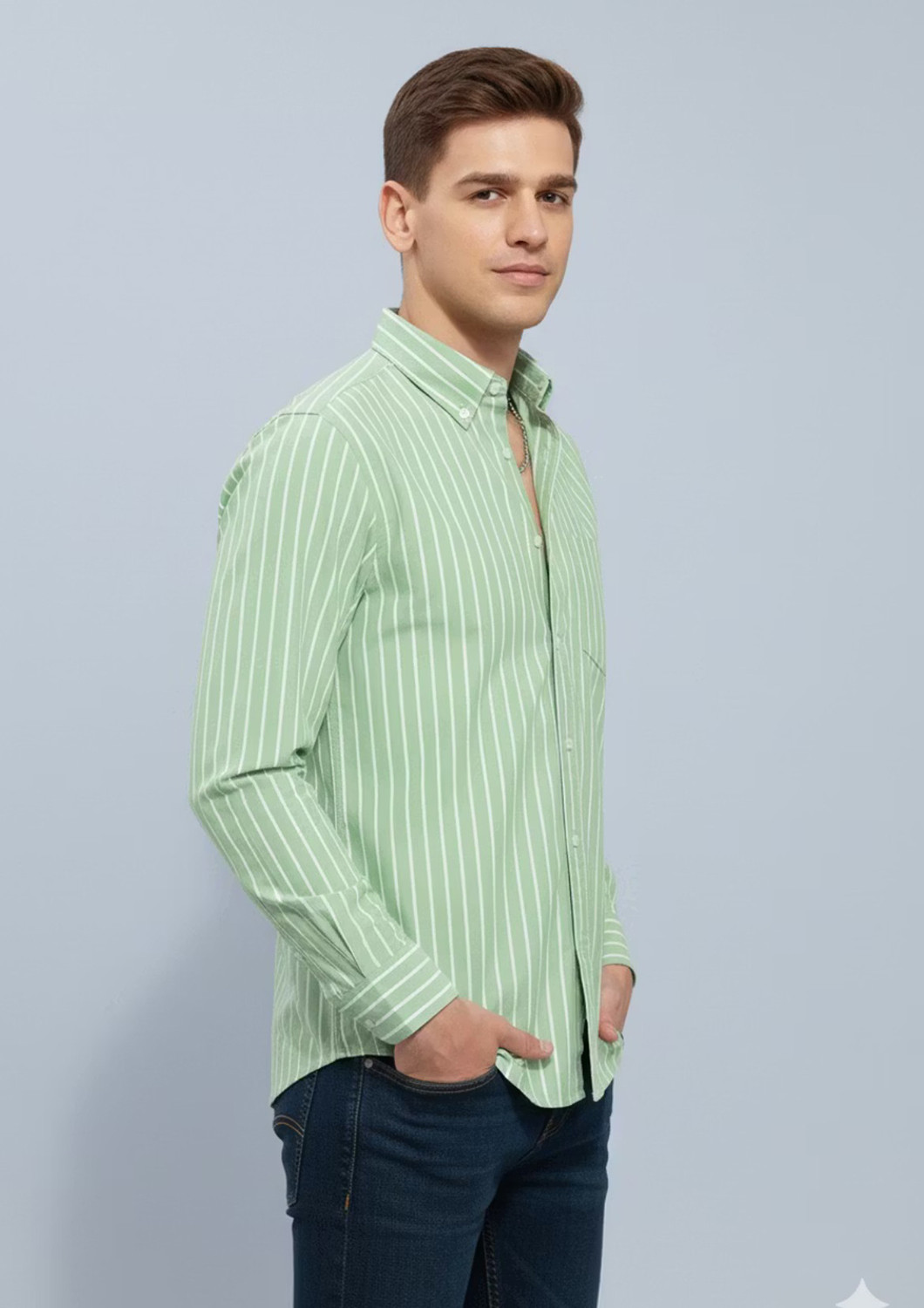 Image of METRONAUT Men Striped Casual Light Green Shirt