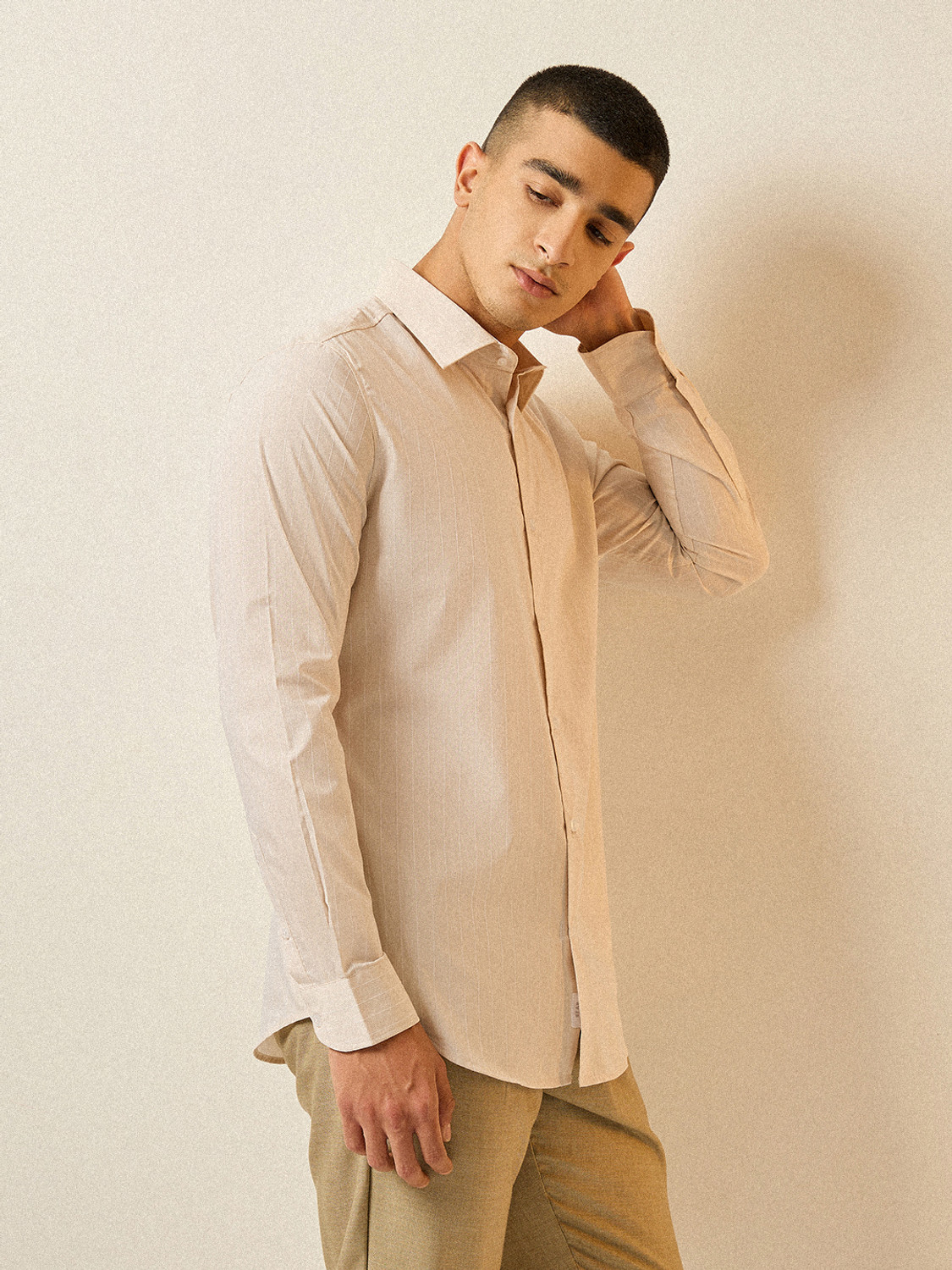 Image of THE BEAR HOUSE Men Striped Casual Beige Shirt