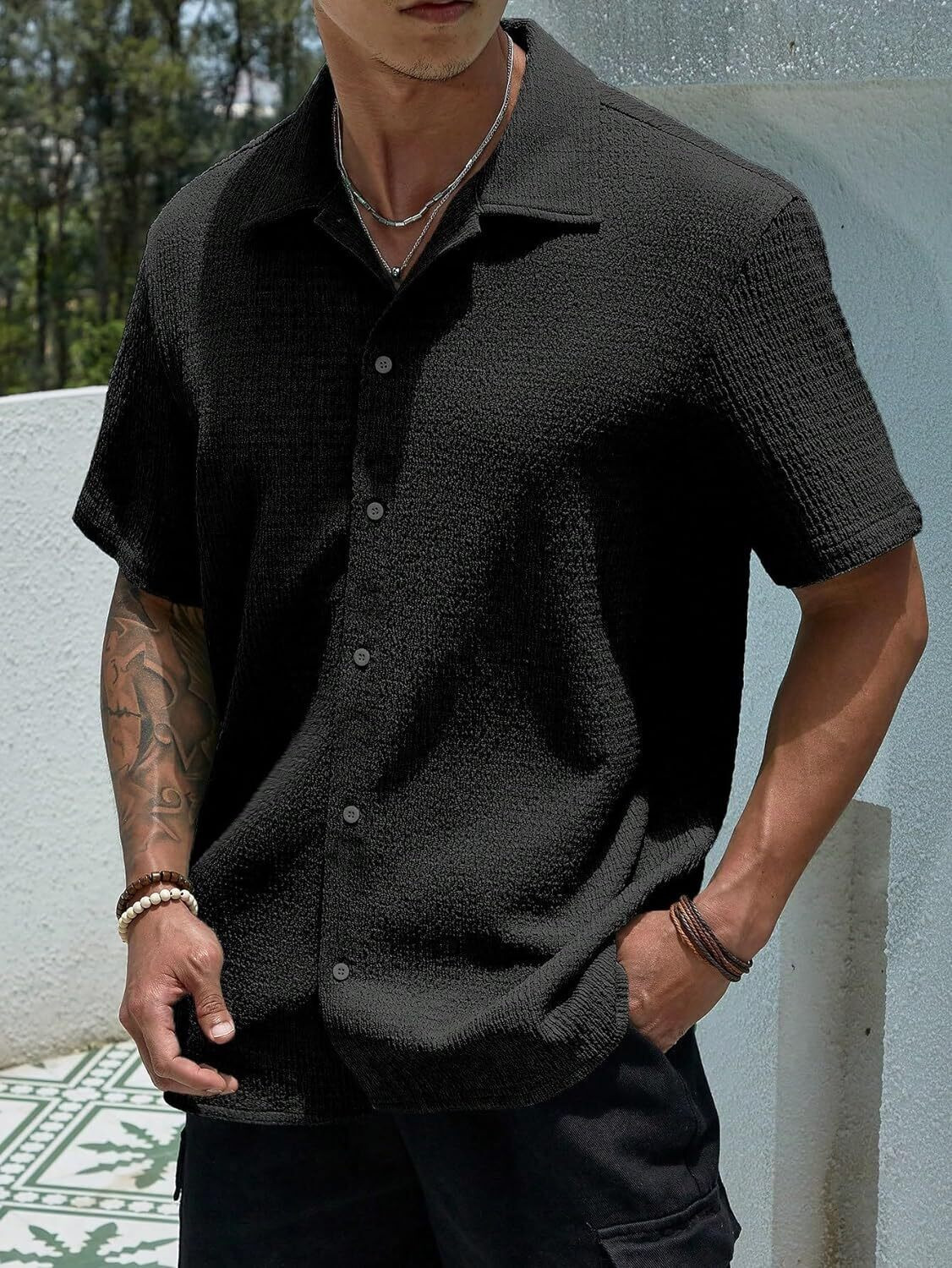 Image of KAJARU Men Self Design Casual Black Shirt
