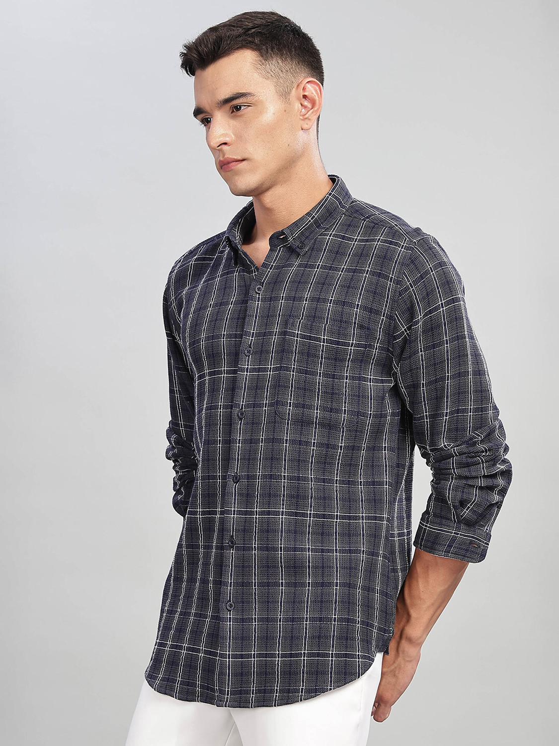 Image of HERE&NOW Men Checkered Casual Green Shirt
