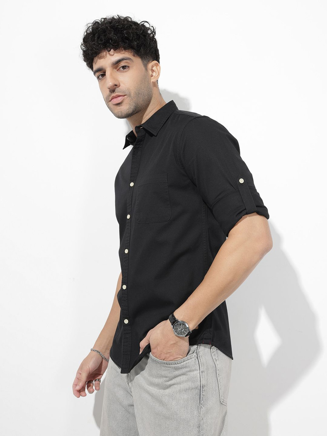 Image of Roadster Men Solid Casual Black Shirt