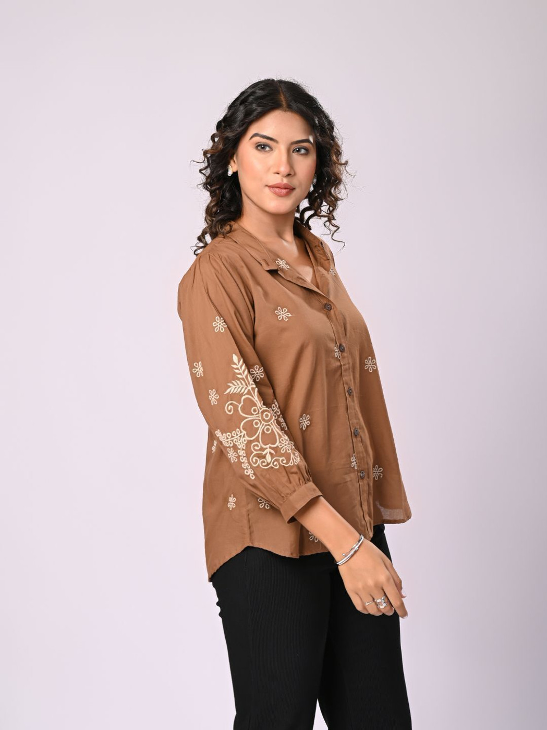 Image of Zolo Label Women Embroidered Casual Brown Shirt