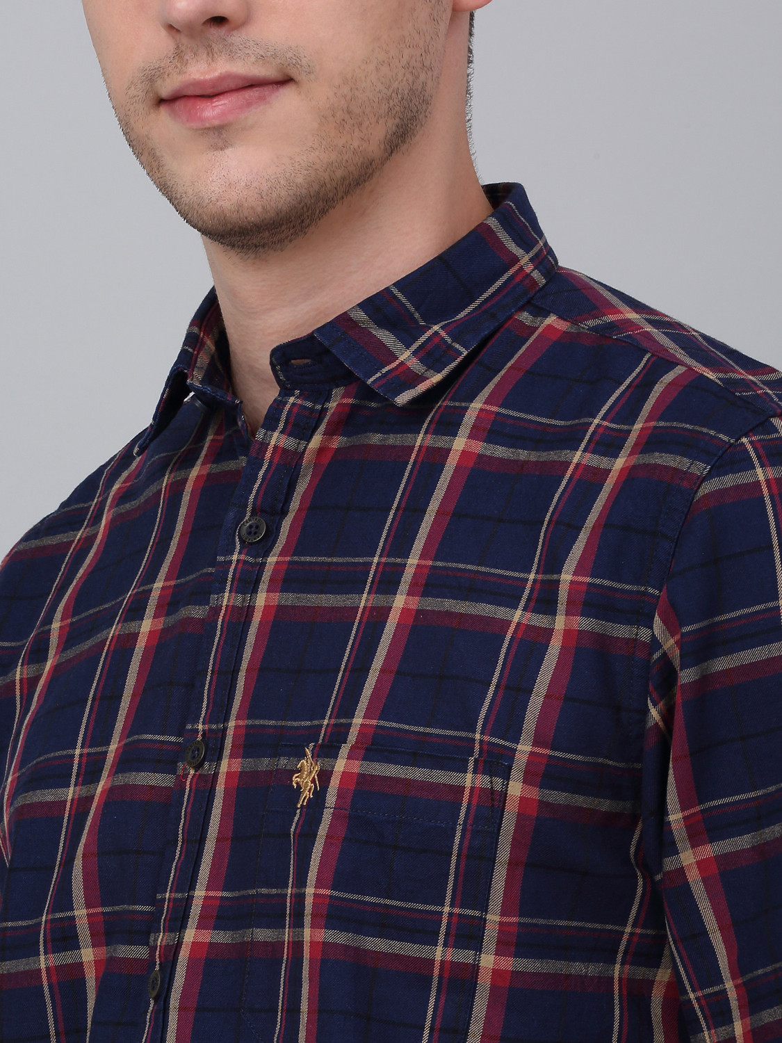Image of CANTABIL Men Checkered Casual Dark Blue Shirt
