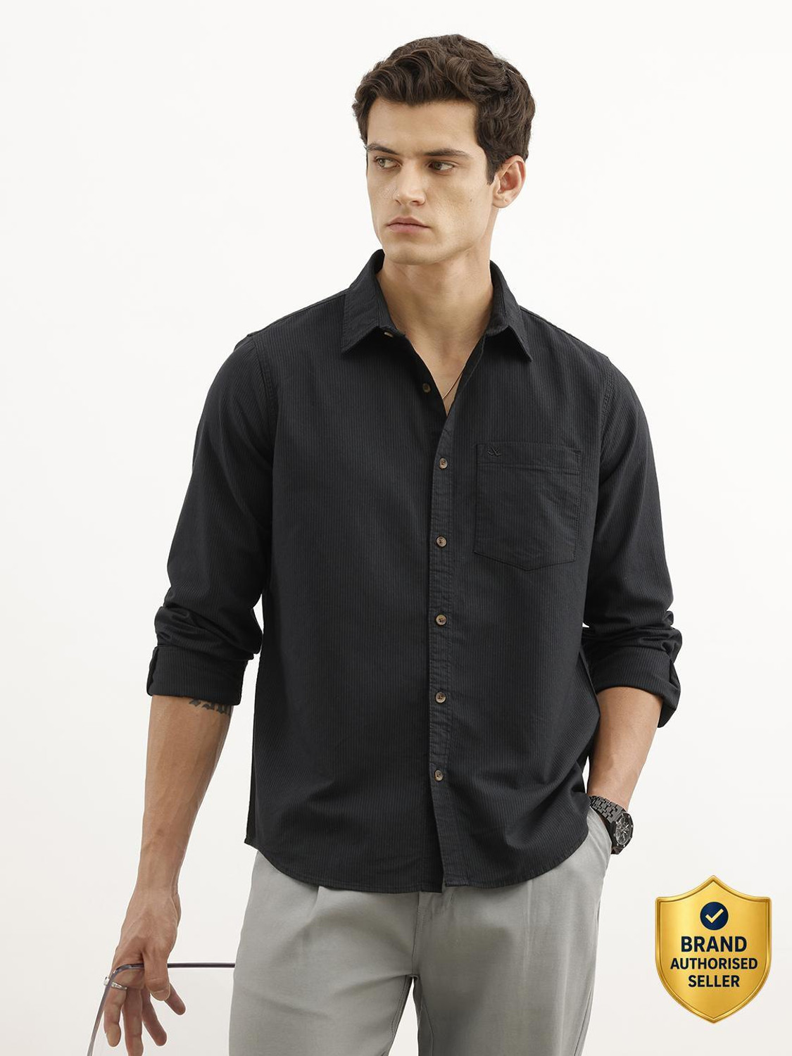 Image of WROGN Men Striped Casual Green Shirt