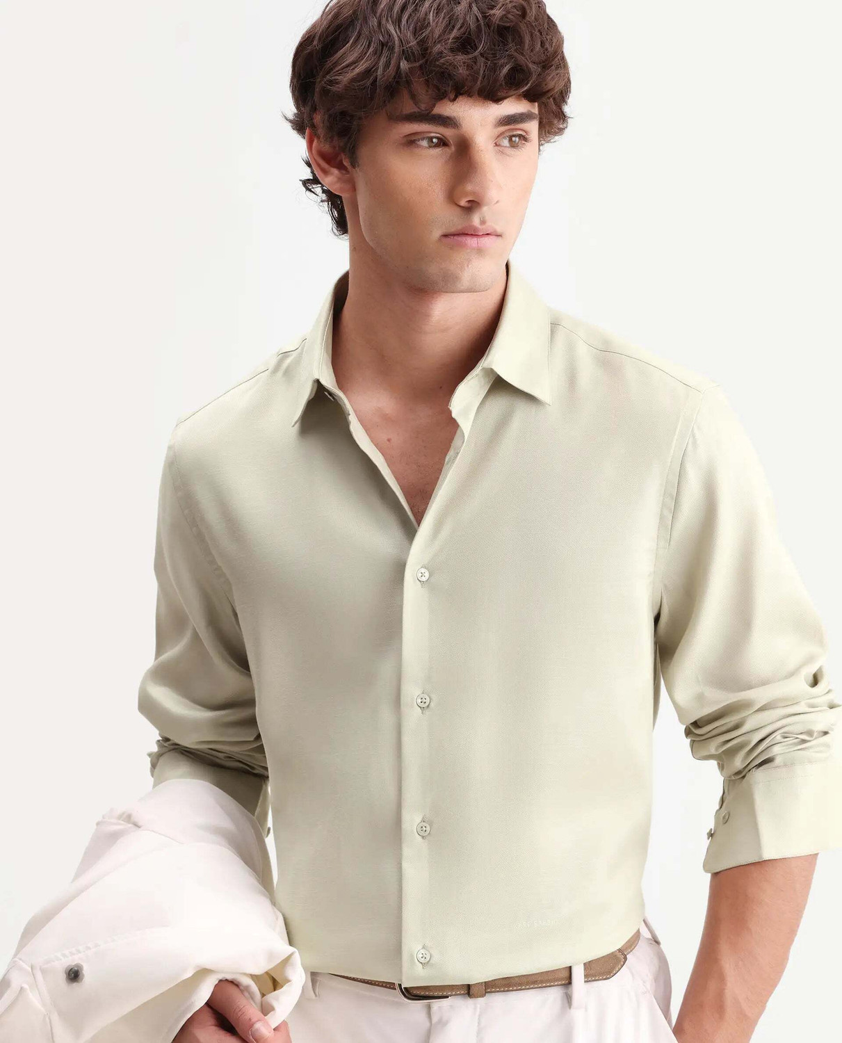 Image of RARE RABBIT Men Solid Casual Beige Shirt