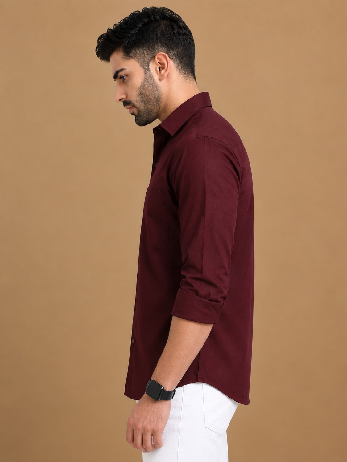Image of GLOBAL NOMAD Men Solid Casual Maroon Shirt
