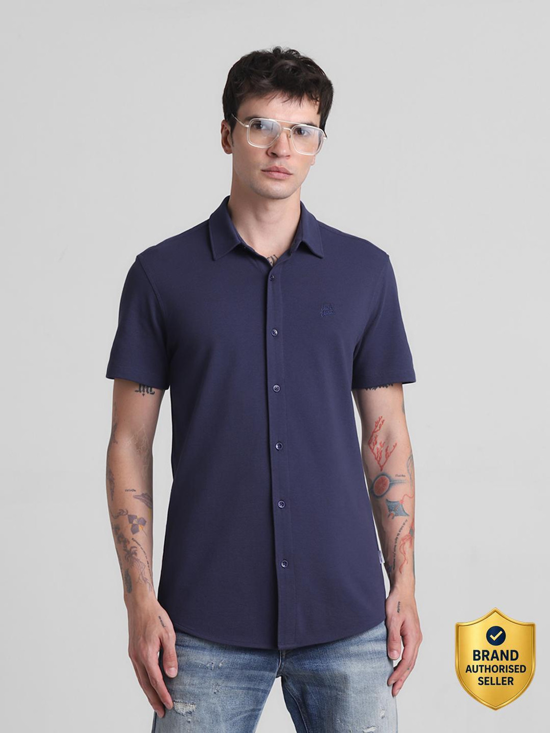 Image of JACK & JONES Men Solid Casual Dark Blue Shirt