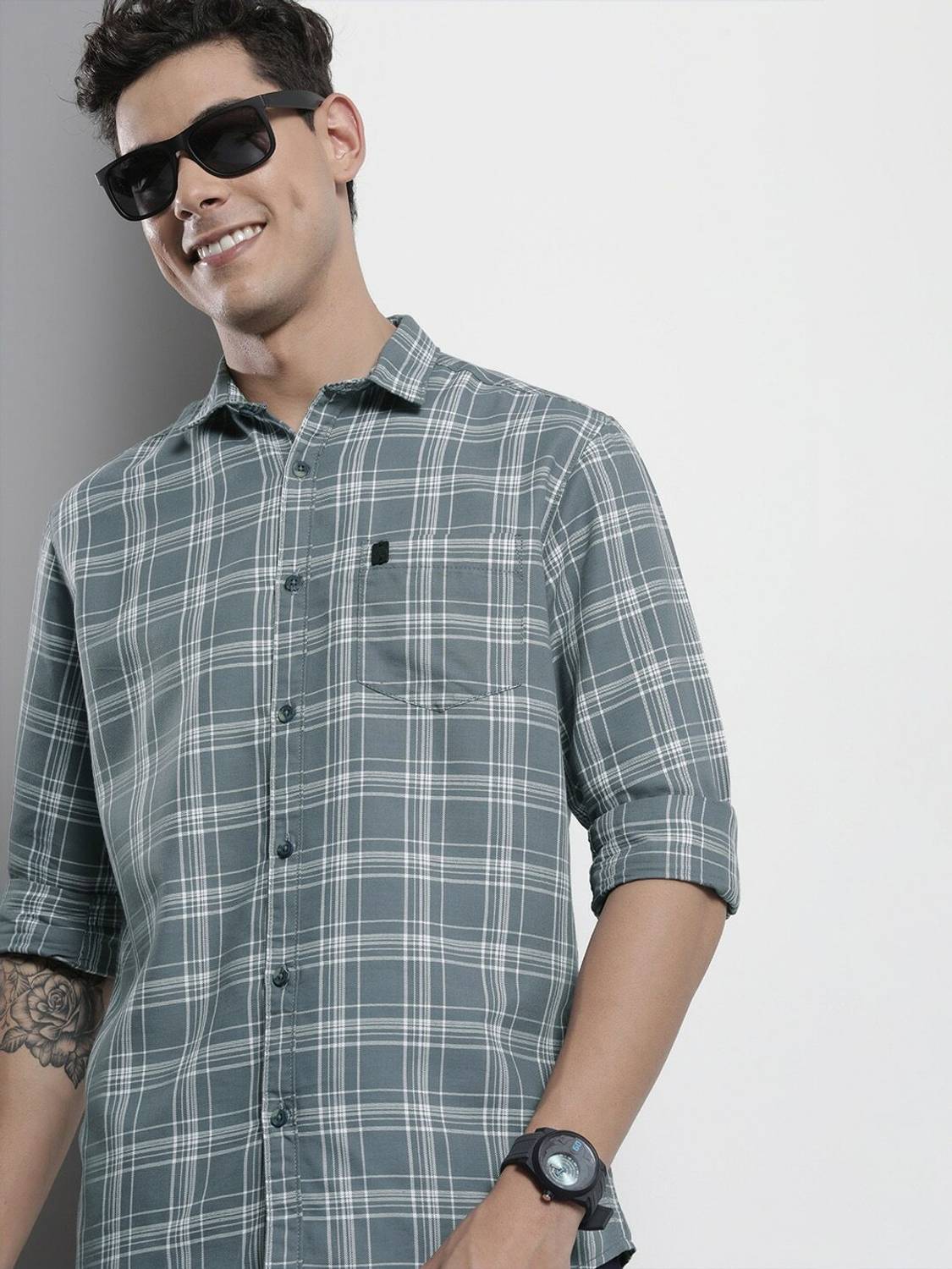 The Indian Garage Co. Men Grey Checkered Shirt - Image 1