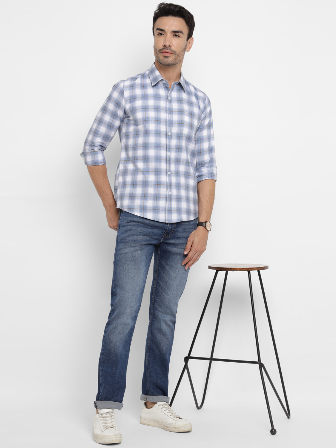 Image of Allen Cooper Men Checkered Casual Blue, White Shirt
