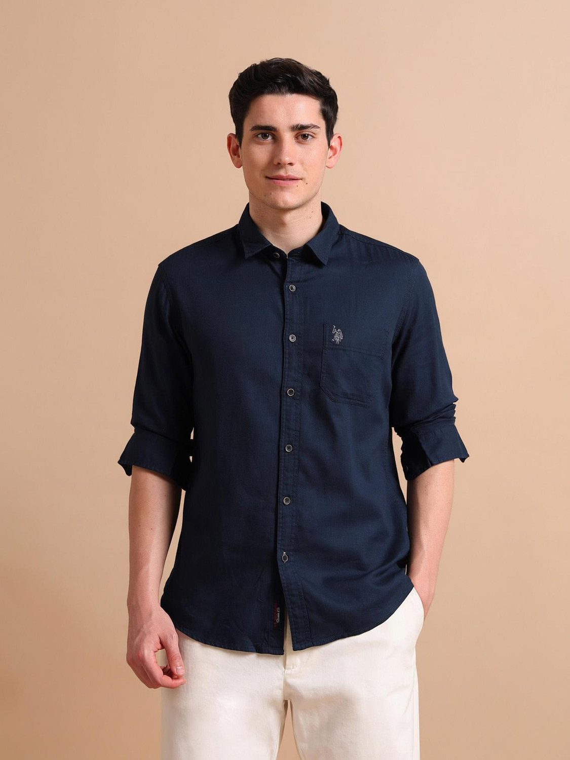 Image of U.S. Polo Assn. Denim Co. Men Solid Casual Dark Blue Shirt