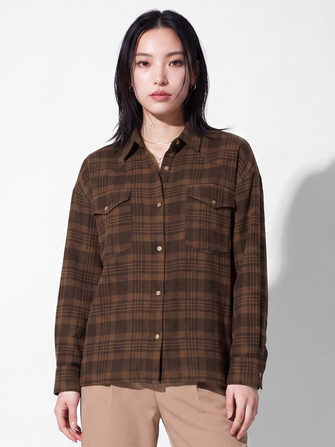 Image of MAX Women Checkered Casual Brown Shirt