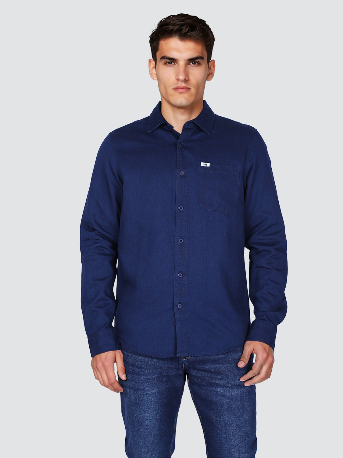 Image of LEE Men Solid Casual Dark Blue Shirt