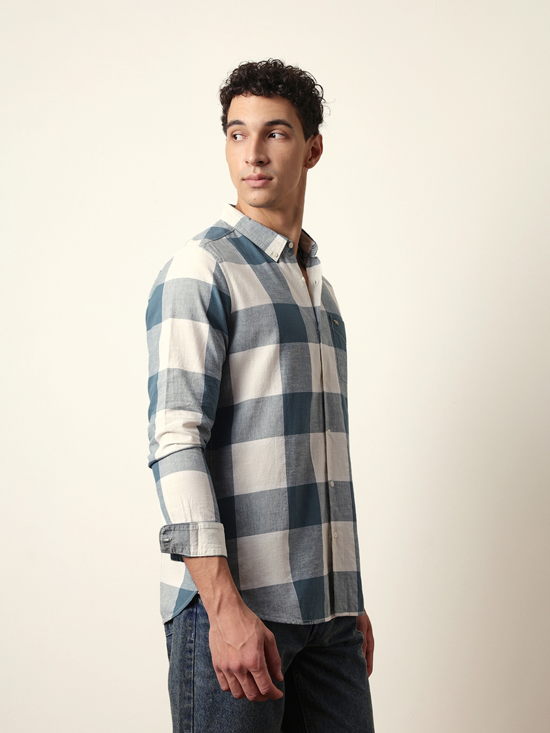Image of THE BEAR HOUSE Men Checkered Casual Blue Shirt