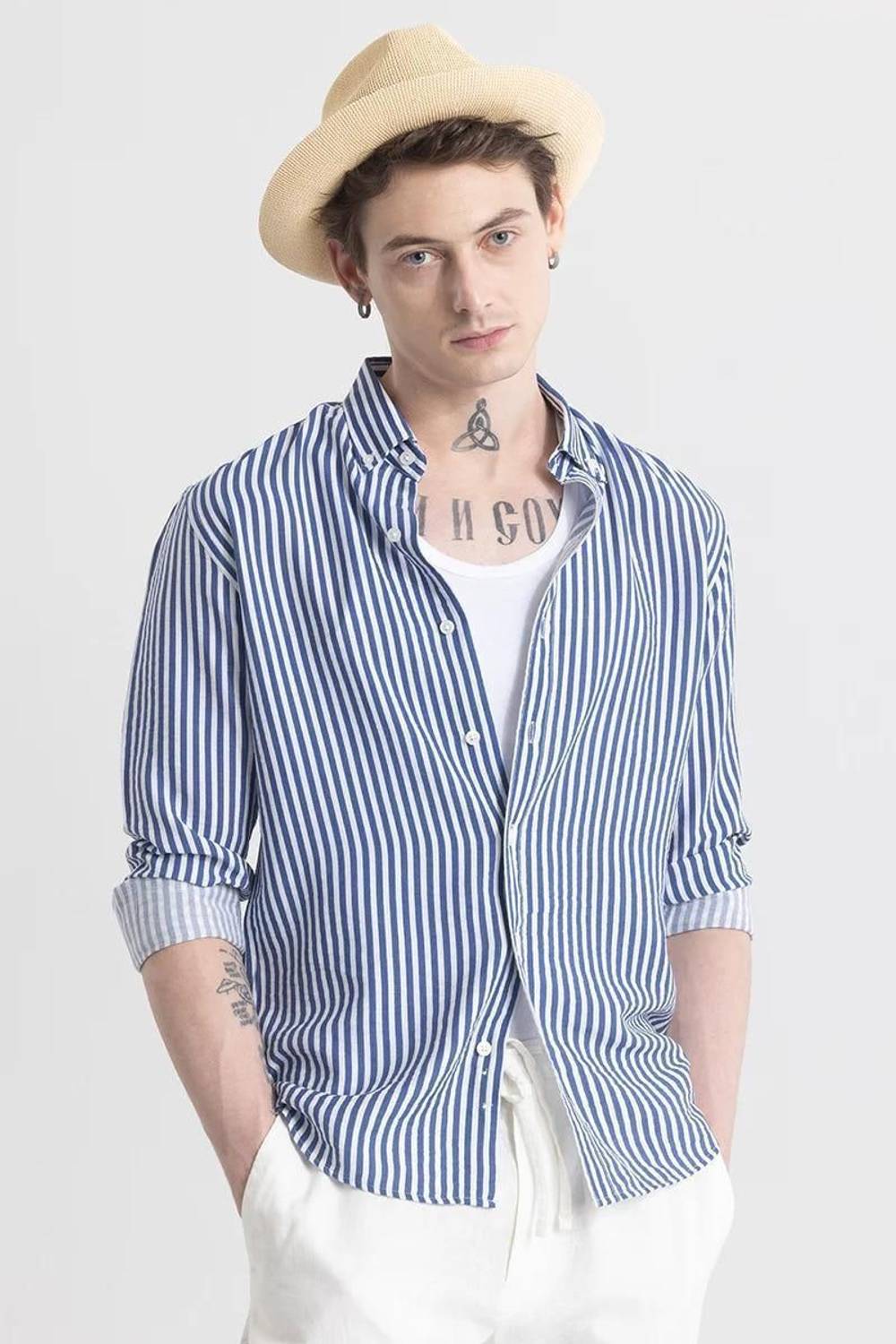 DivaNX Men Striped Casual White Blue Shirt - Image 3