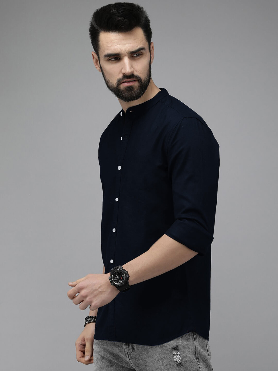 Image of Qlonz Store Men Solid Casual Blue Shirt