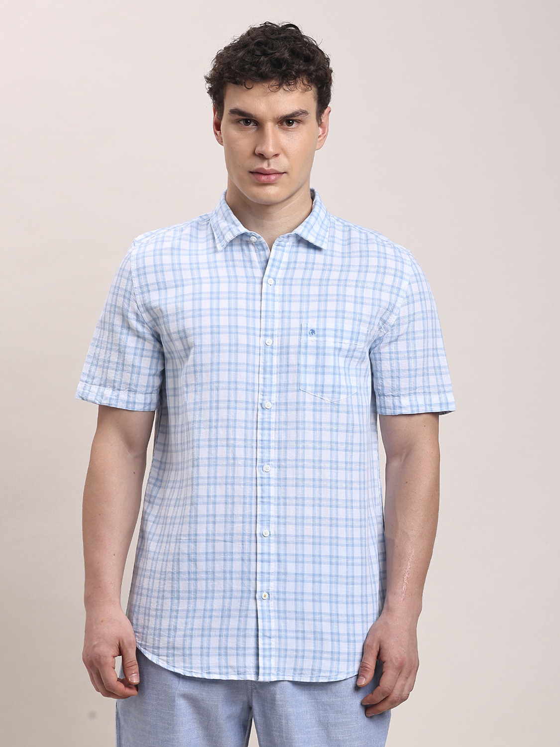 Image of TURTLE Men Checkered Casual Light Blue Shirt