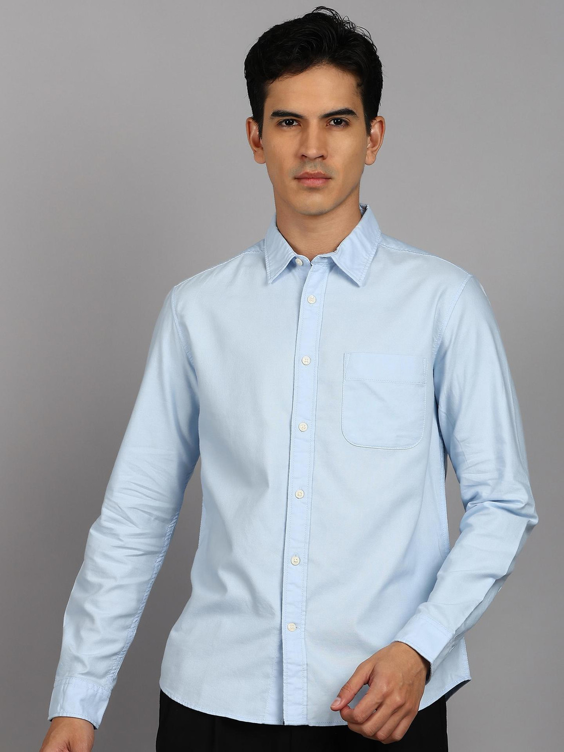 Image of FLYING MACHINE Men Solid Casual Light Blue Shirt